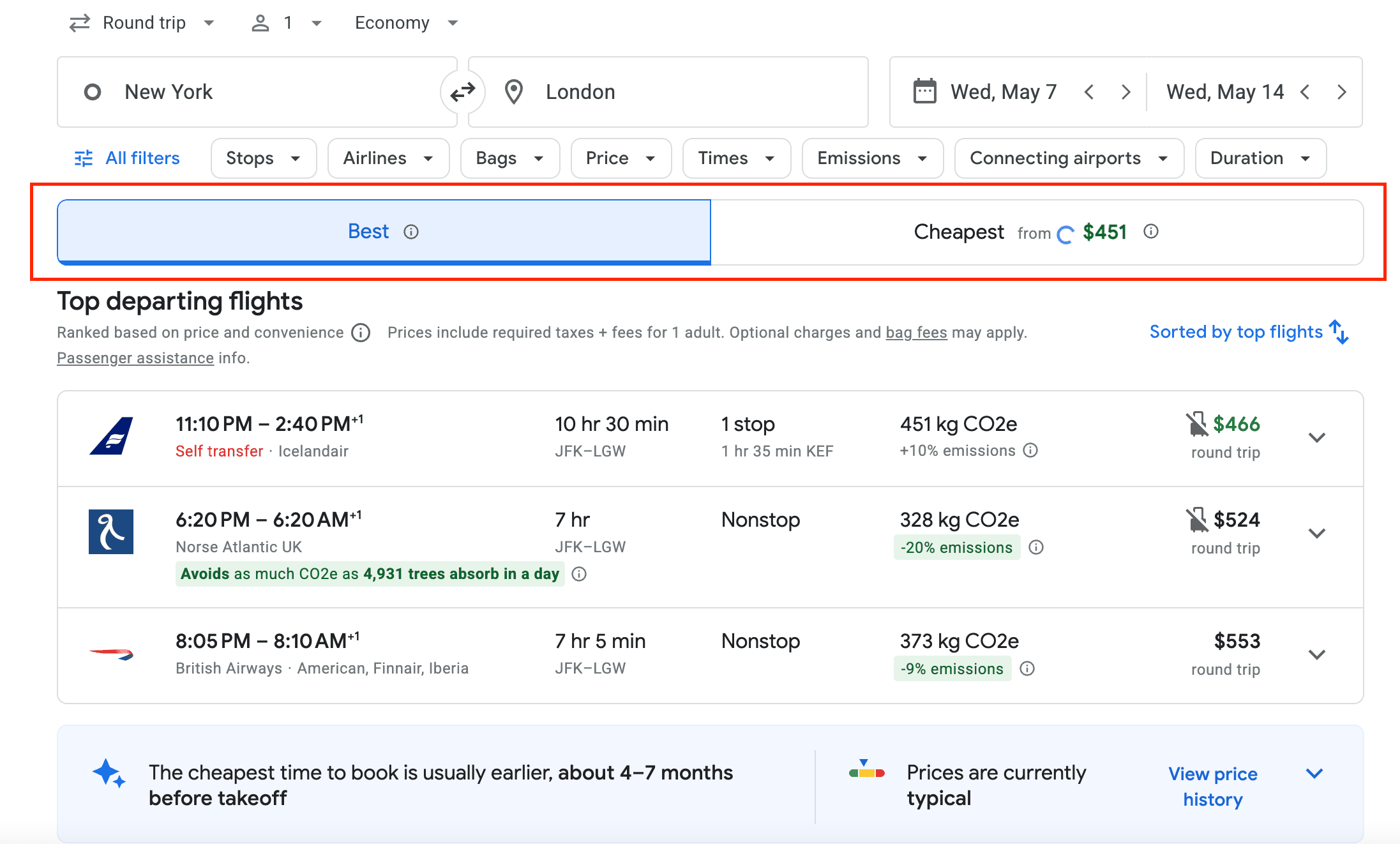 Google Flights new feature sorting by best and cheapest flights
