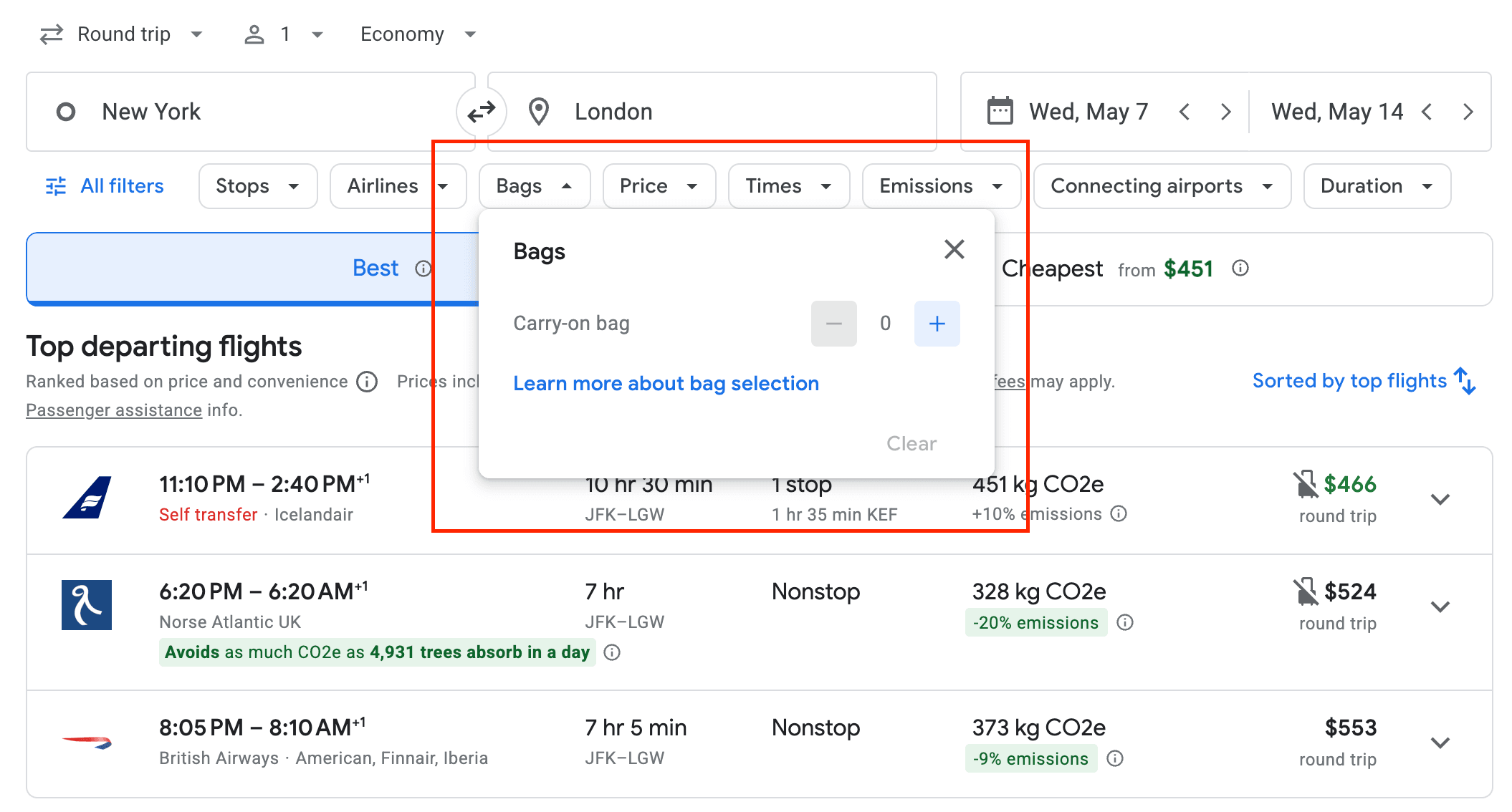 Google Flights new feature choosing baggage preferences