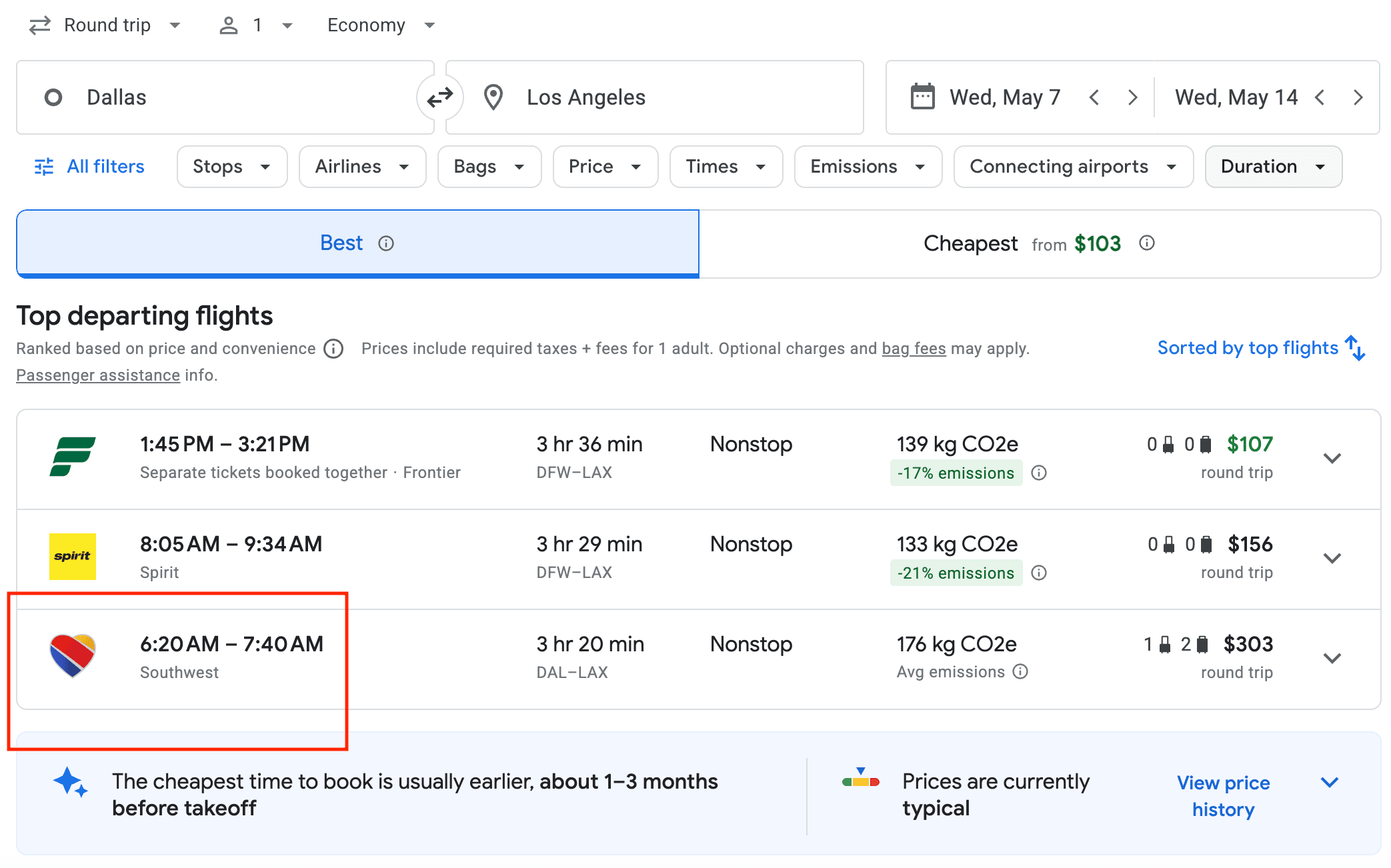 Google Flights new feature Southwest integration