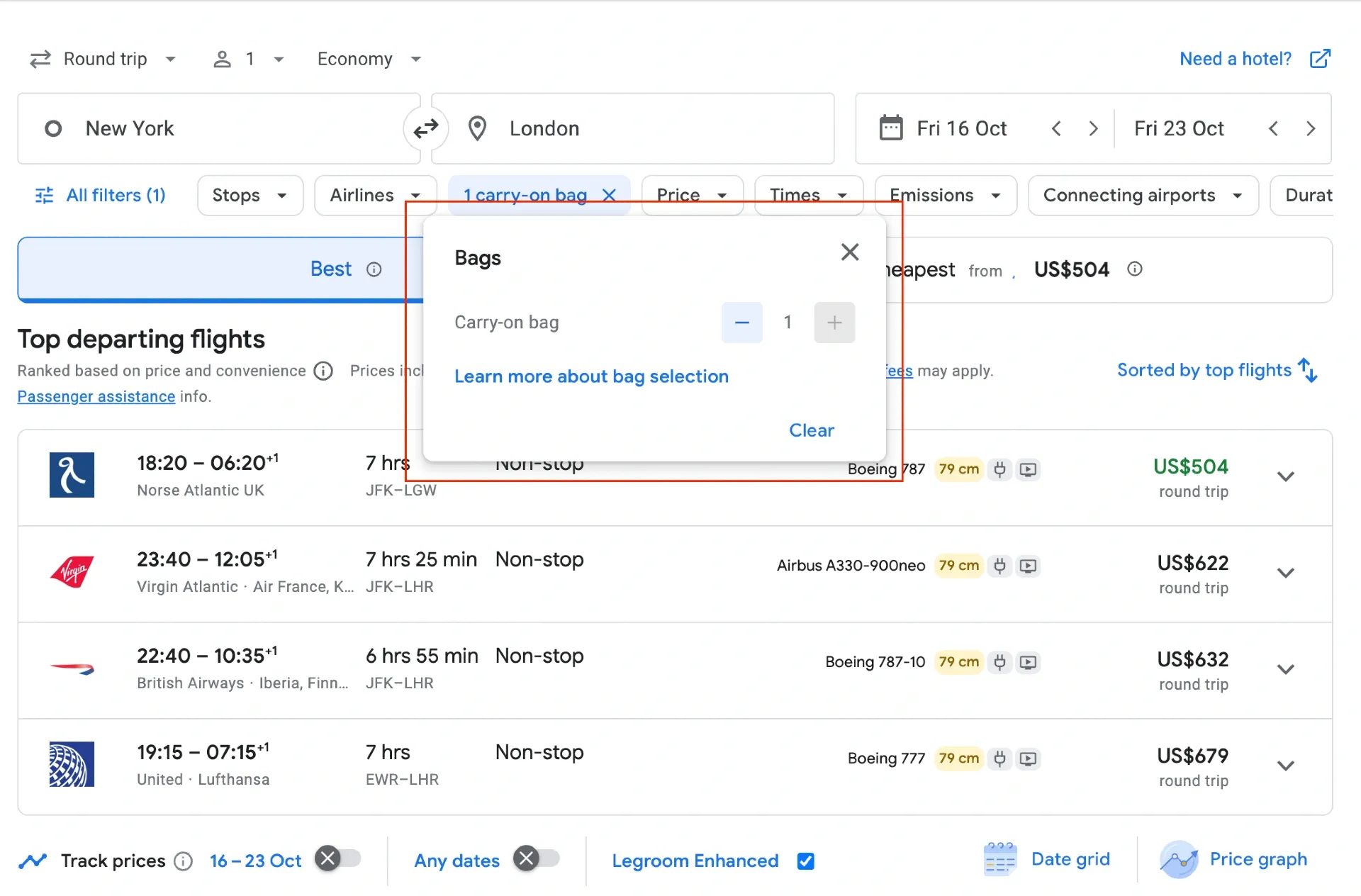Baggage and fee filters on Google Flights