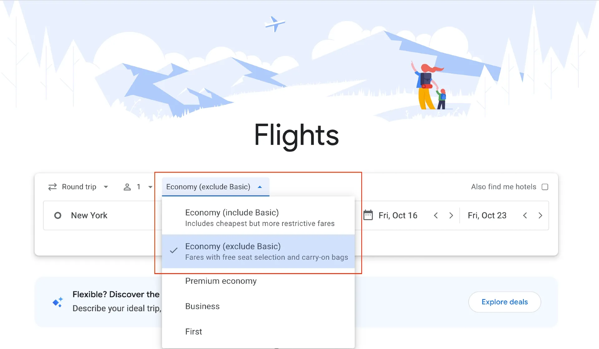 Exclude basic economy on Google Flights