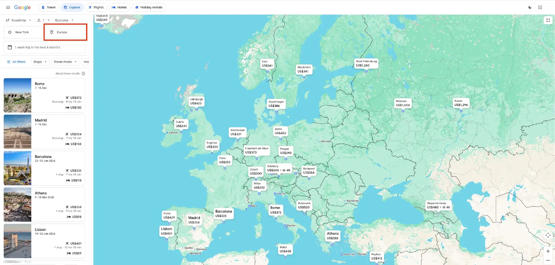 Google Flights Explore arrival field