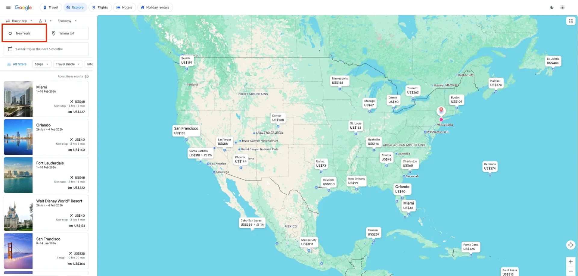 Google Flights Explore departure field