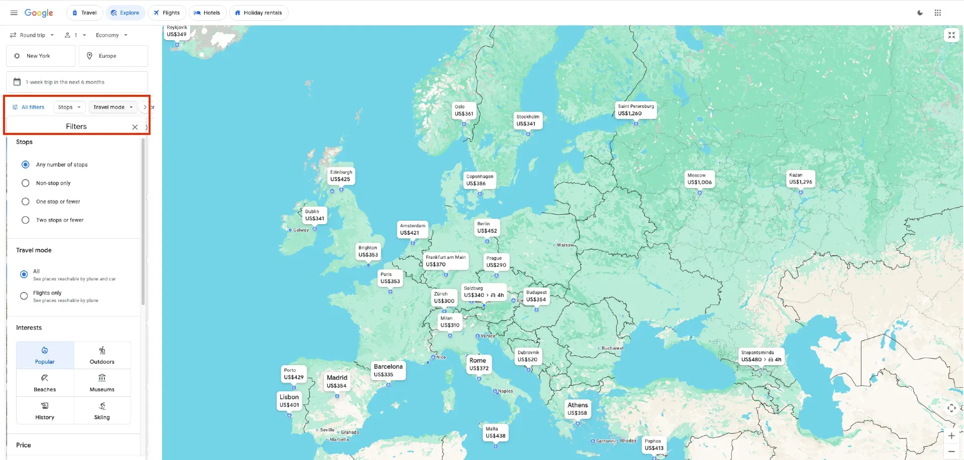 Google Flights Explore filters