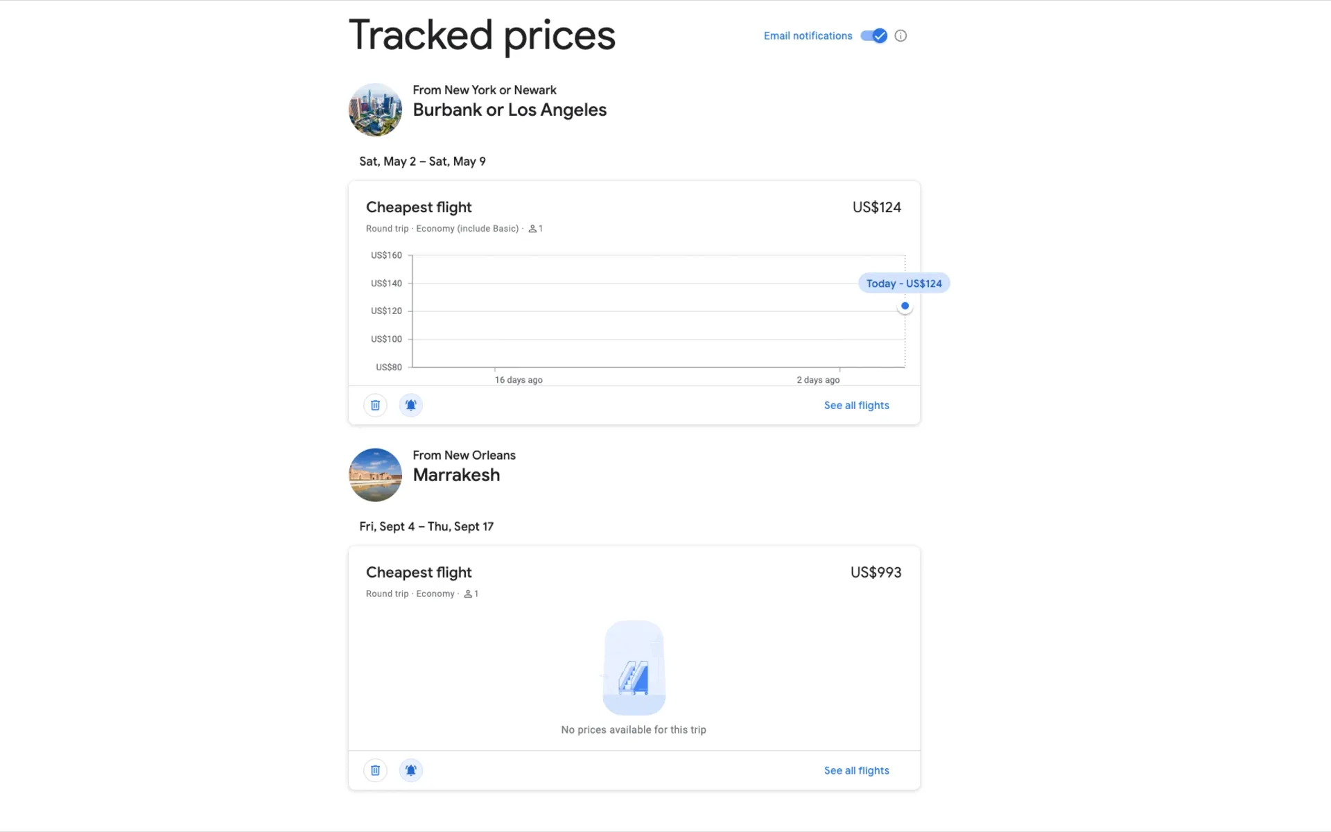 Google Flights active alerts