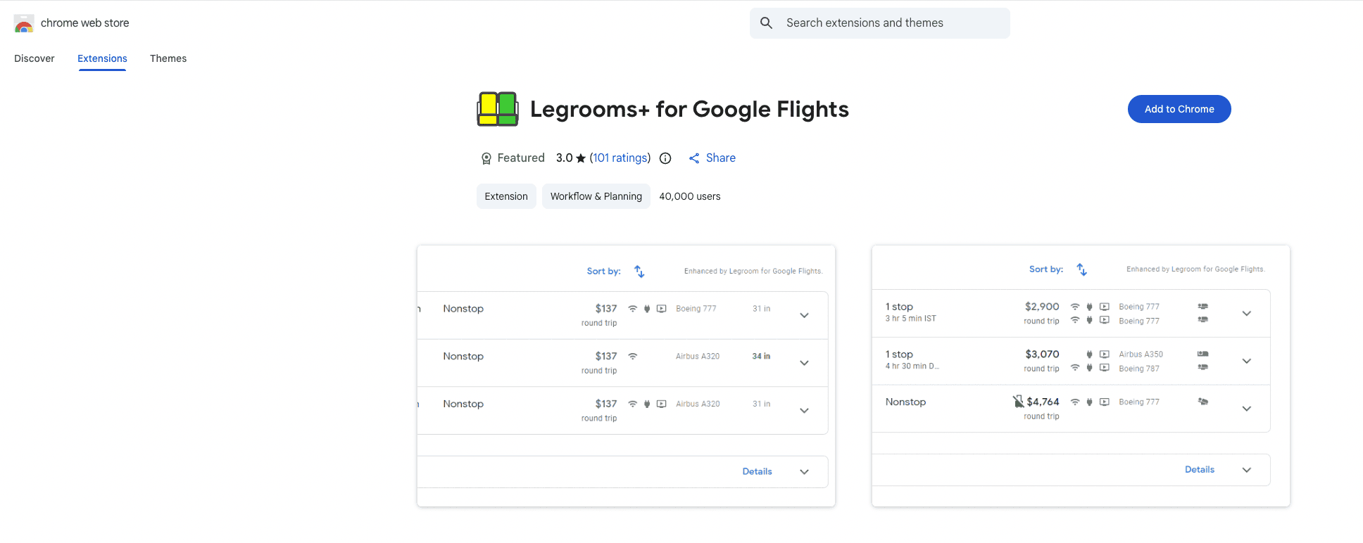Downloading Legrooms for Google Flights from Chrome Web Store