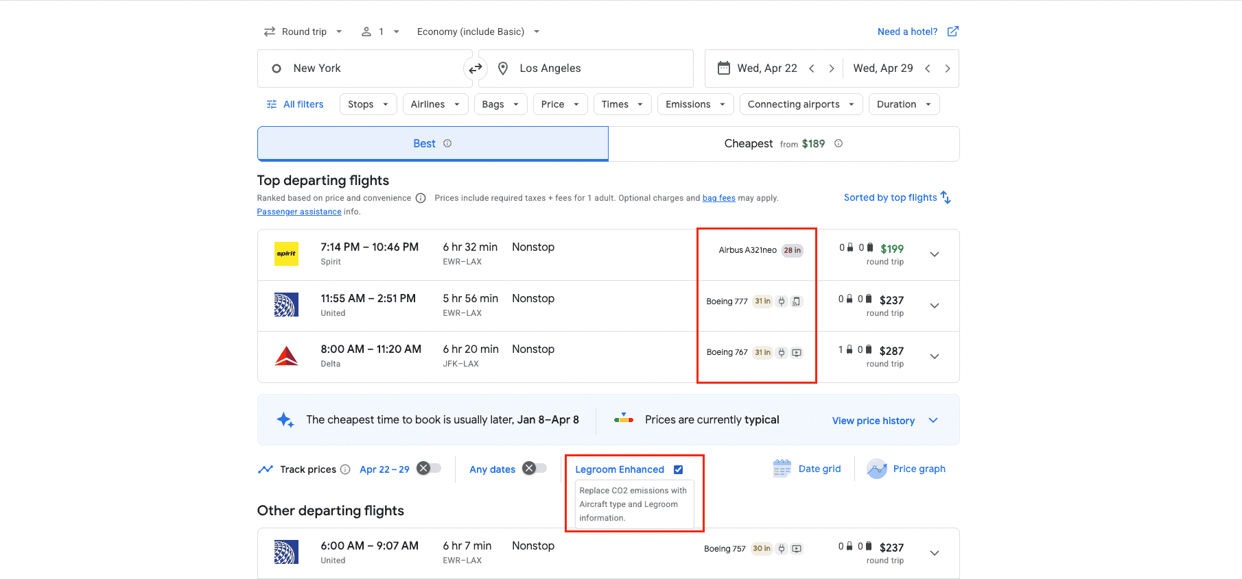 Legrooms for Google Flights enabled in search