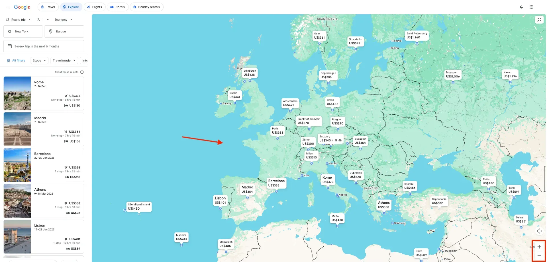 How to zoom and scan on Google Flights Explore
