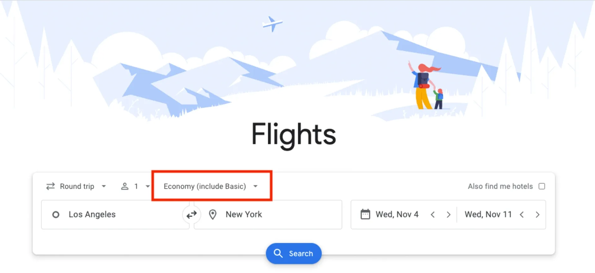 How to exclude Basic Economy on Google Flights (step 1)