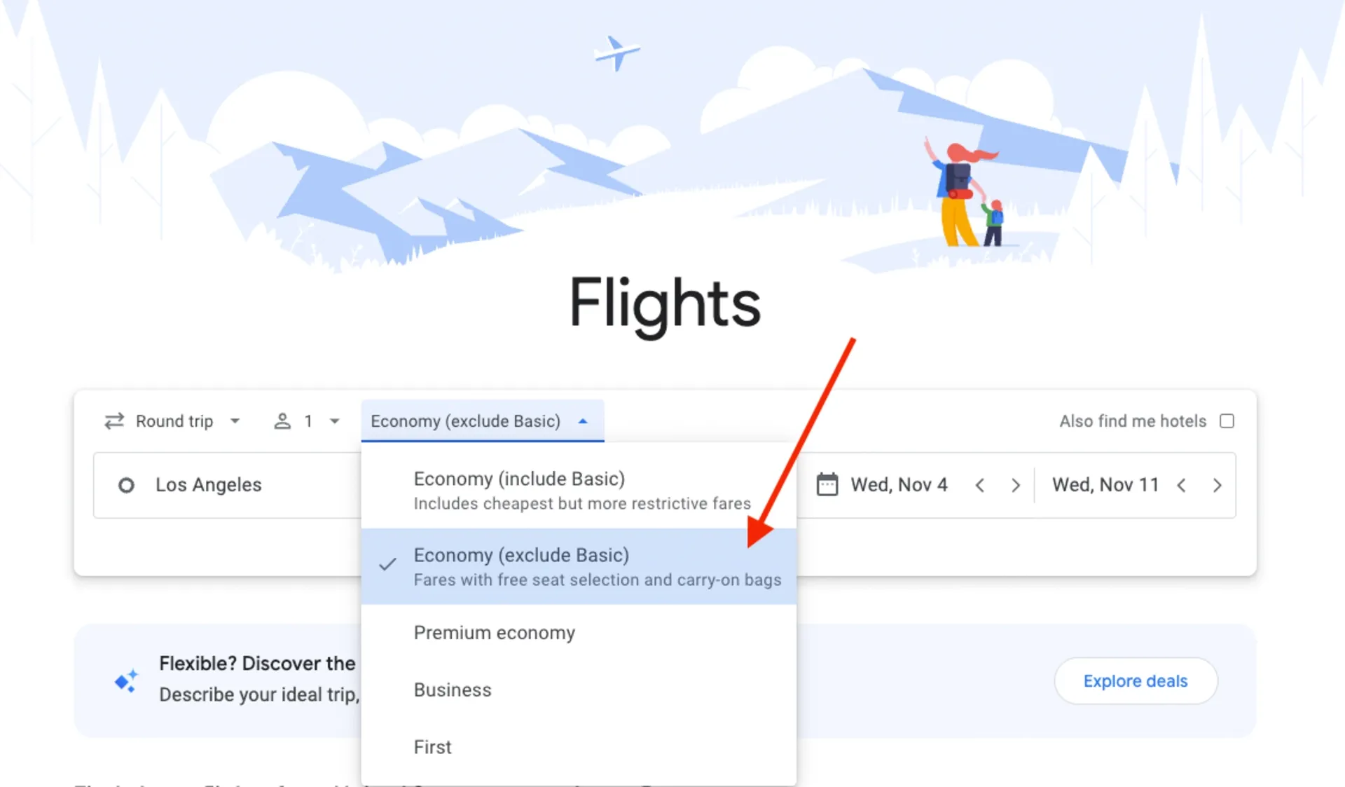 How to exclude Basic Economy on Google Flights (step 2)