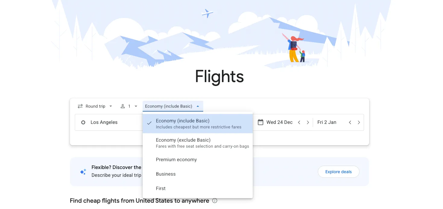 Select the class preference drop-down menu in Google Flights to exclude basic economy from your search.