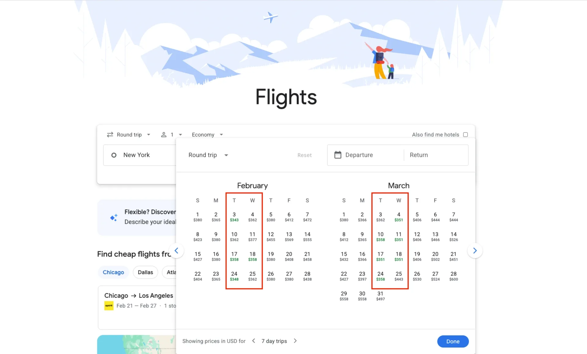Google Flights search view shows that flights are cheapest if you travel midweek on Tuesdays or Wednesdays