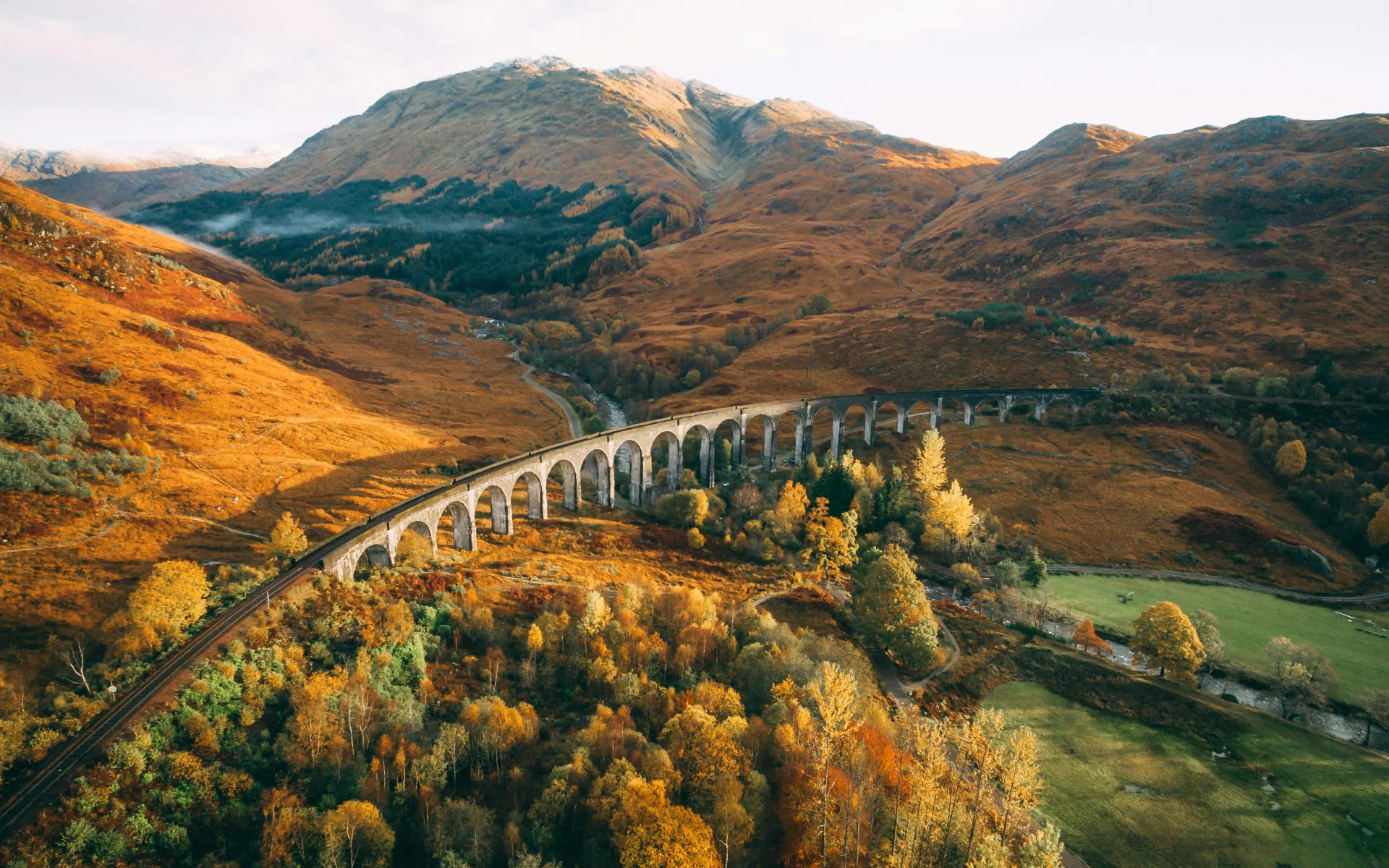 Train through fall foliage in Scotland